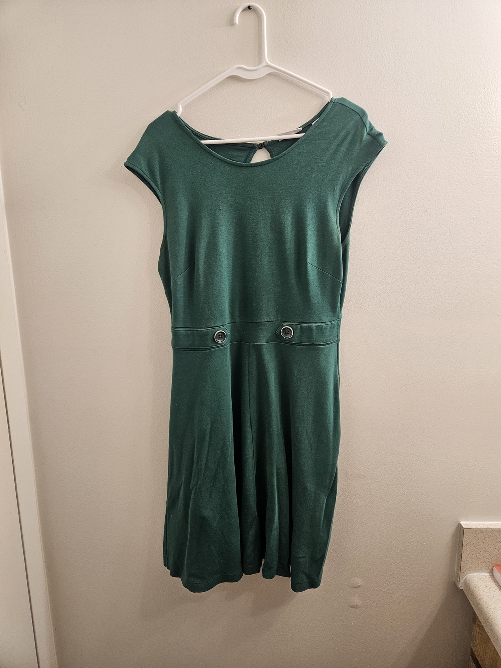 New York & Company Emerald Green Midi Dress with Waist Button Detail